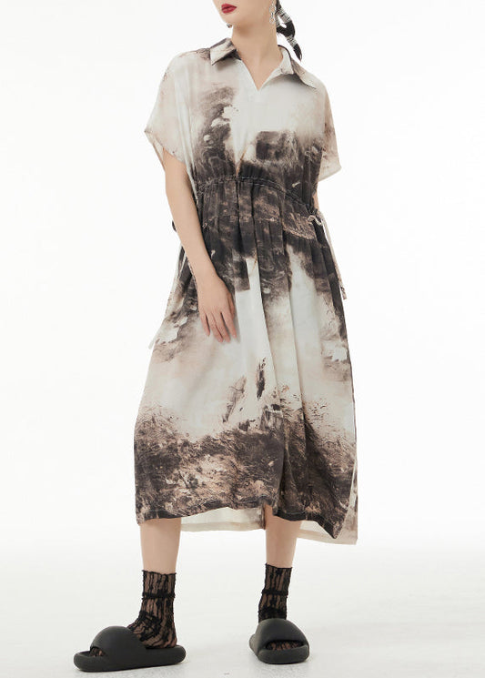 Vintage Peter Pan Collar Tie DyeTie Waist Patchwork Silk Long Dresses Summer Ada Fashion