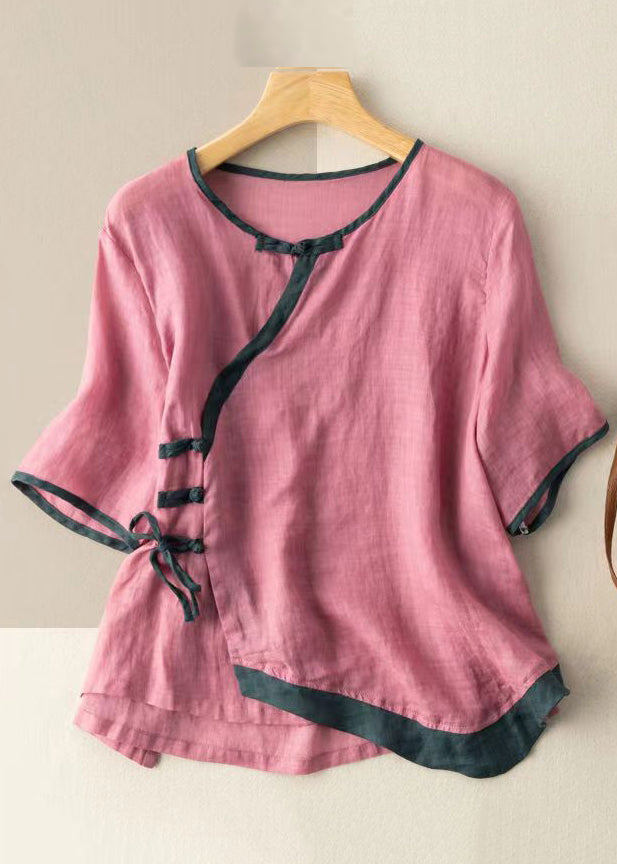 Vintage Pink Asymmetrical Button Patchwork Cotton Shirt Summer Ada Fashion