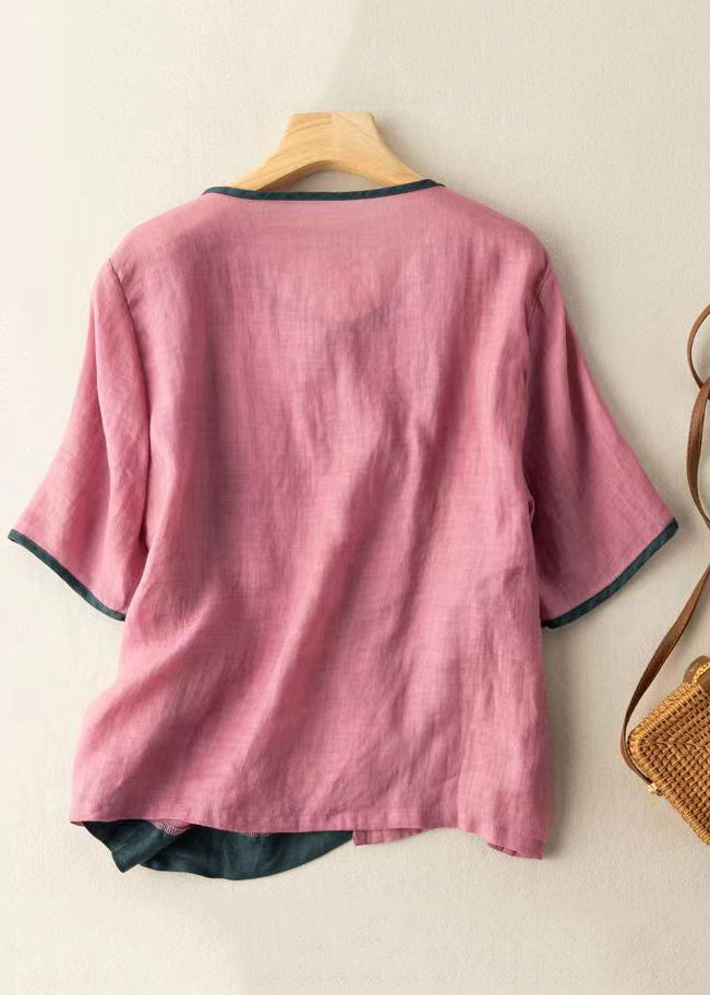 Vintage Pink Asymmetrical Button Patchwork Cotton Shirt Summer Ada Fashion