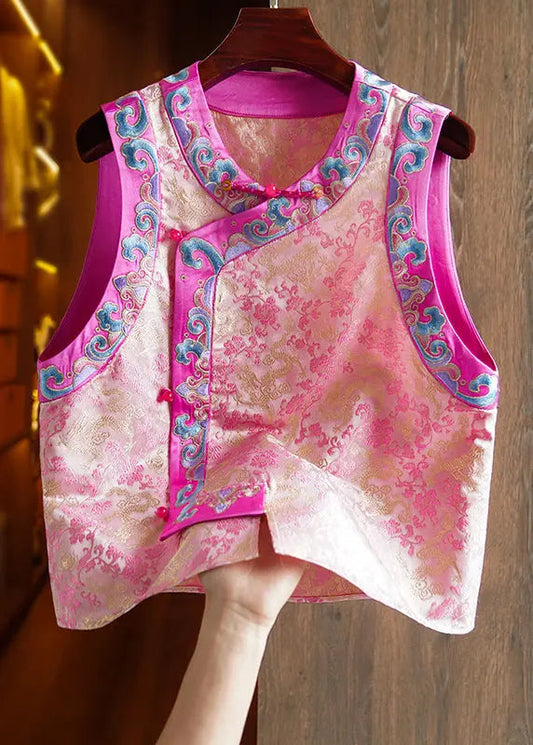 Vintage Pink Embroidered Button Patchwork Silk Waistcoat Sleeveless Ada Fashion
