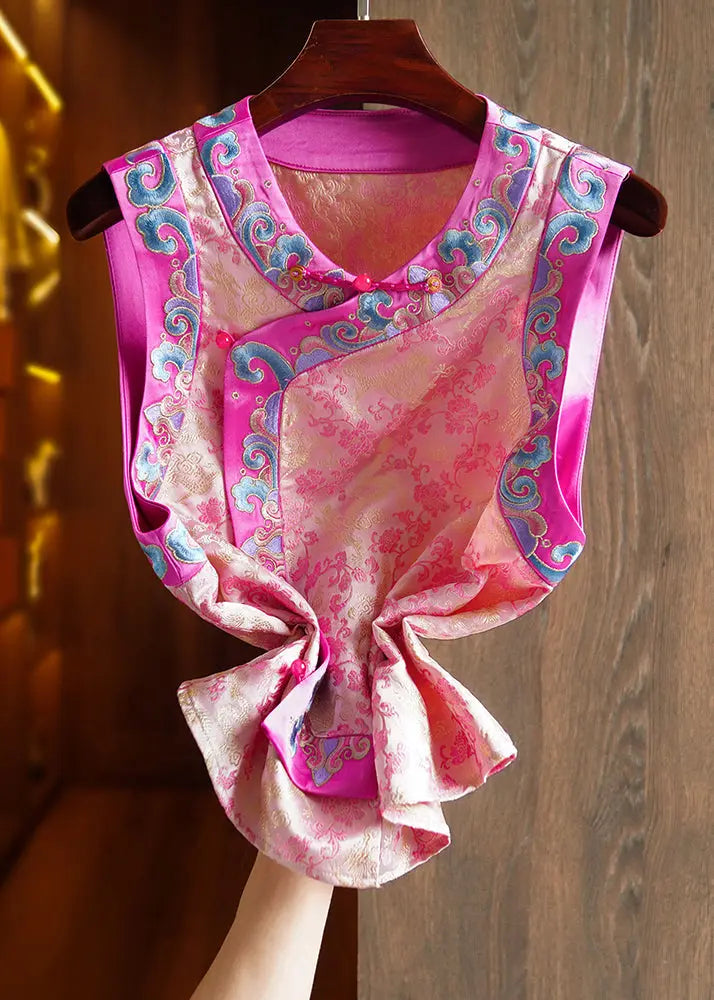 Vintage Pink Embroidered Button Patchwork Silk Waistcoat Sleeveless Ada Fashion
