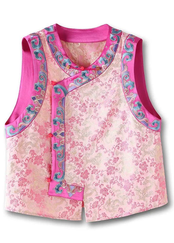 Vintage Pink Embroidered Button Patchwork Silk Waistcoat Sleeveless Ada Fashion