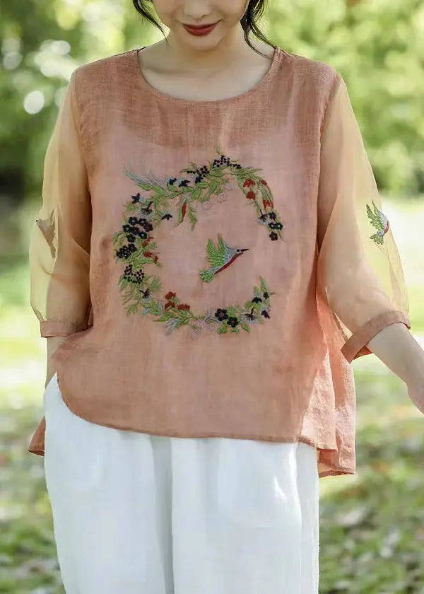 Vintage Pink Embroideried Tulle Patchwork T Shirt Half Sleeve Ada Fashion