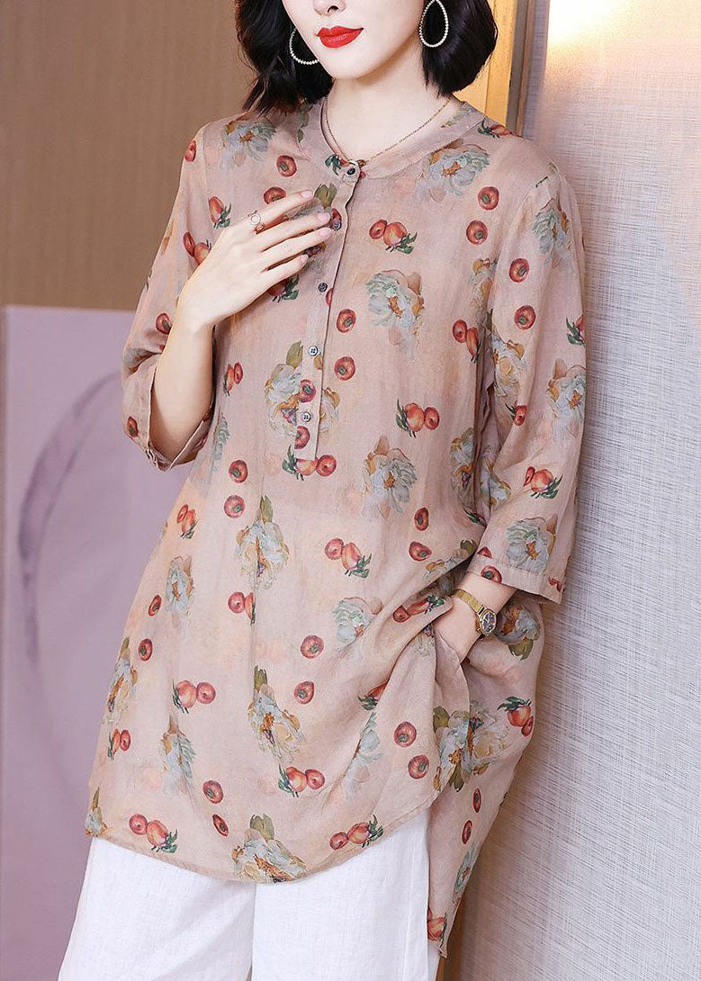 Vintage Pink Print Pockets Patchwork Linen Blouse Top Summer TP1017