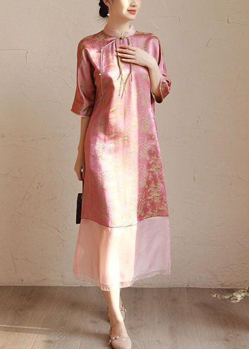 Vintage Pink Stand Collar Tasseled Print Patchwork Silk Long Dress Summer LY4524 - fabuloryshop