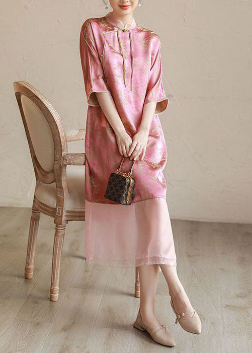 Vintage Pink Stand Collar Tasseled Print Patchwork Silk Long Dress Summer LY4524 - fabuloryshop