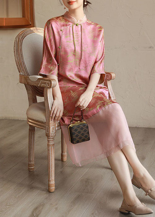 Vintage Pink Stand Collar Tasseled Print Patchwork Silk Long Dress Summer LY4524 - fabuloryshop