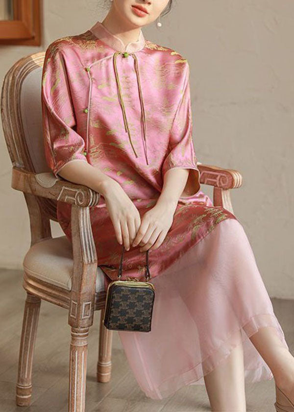 Vintage Pink Stand Collar Tasseled Print Patchwork Silk Long Dress Summer LY4524 - fabuloryshop