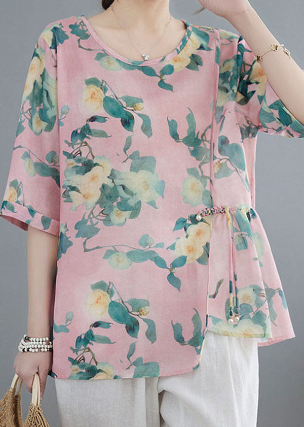 Vintage Pink Tasseled Asymmetrical Print Patchwork Cotton Top Summer LY3981 - fabuloryshop
