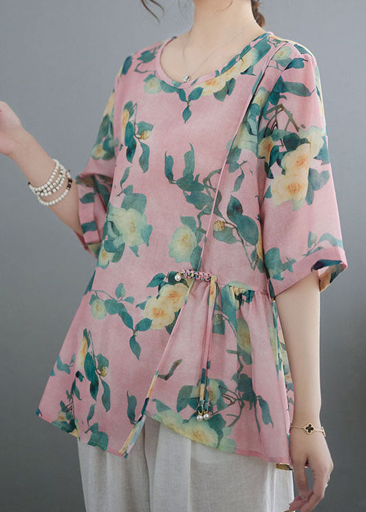 Vintage Pink Tasseled Asymmetrical Print Patchwork Cotton Top Summer LY3981 - fabuloryshop