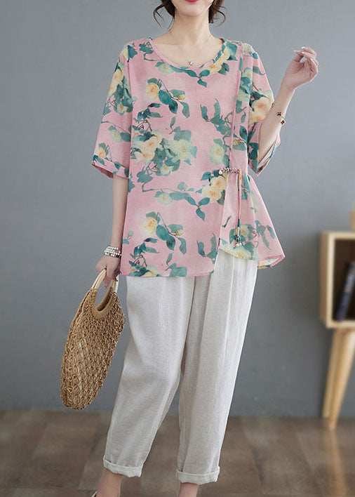 Vintage Pink Tasseled Asymmetrical Print Patchwork Cotton Top Summer LY3981 - fabuloryshop
