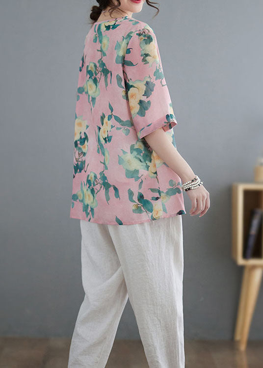 Vintage Pink Tasseled Asymmetrical Print Patchwork Cotton Top Summer LY3981 - fabuloryshop
