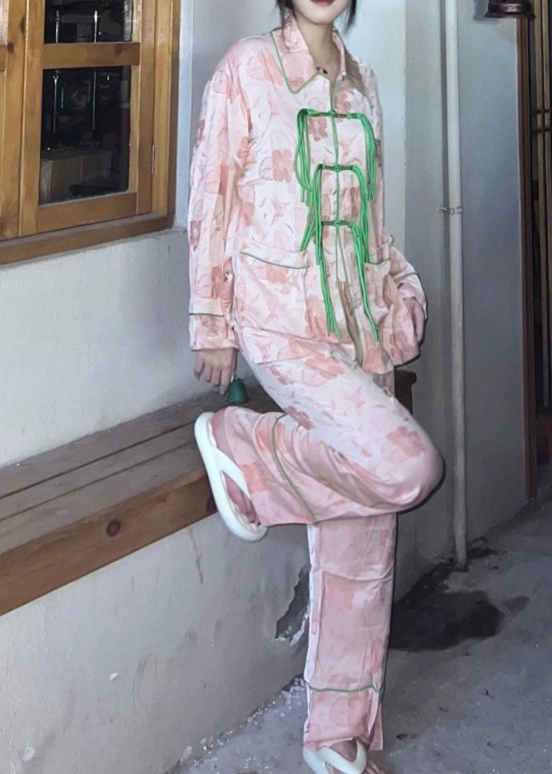 Vintage Pink Tasseled Oriental Button Ice Silk Pajamas Outfit Spring LY2799 - fabuloryshop