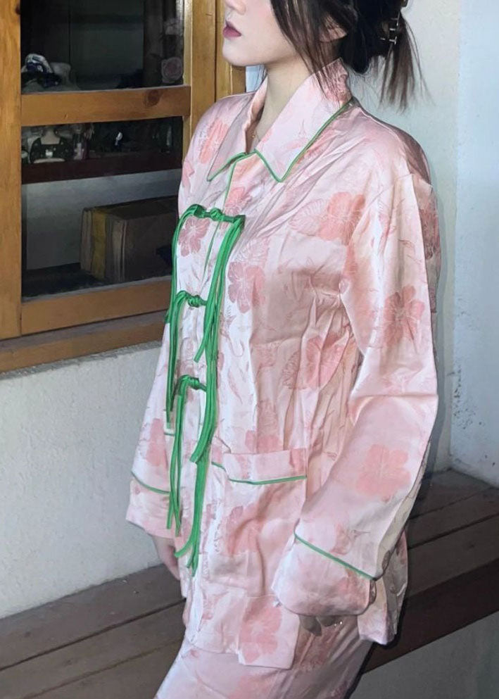 Vintage Pink Tasseled Oriental Button Ice Silk Pajamas Outfit Spring LY2799 - fabuloryshop