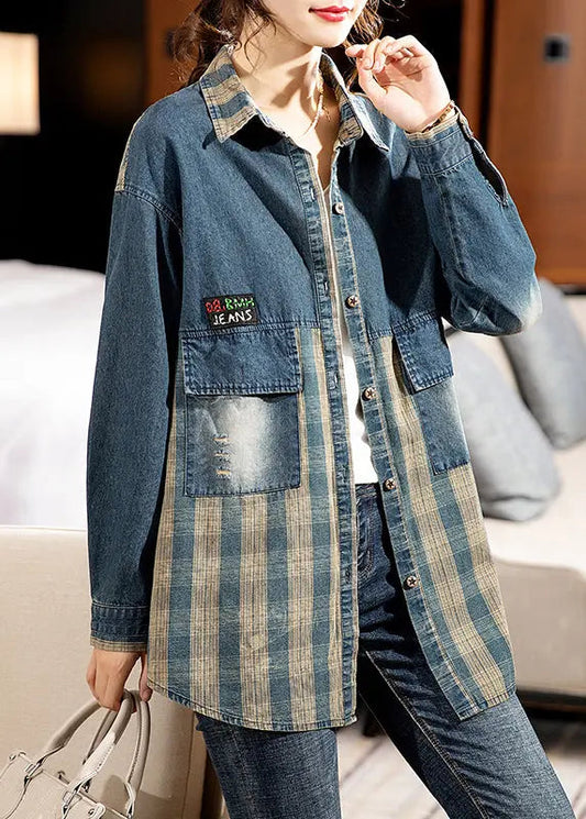 Vintage Plaid Peter Pan Collar Button Patchwork Denim Blouse Tops Fall Ada Fashion