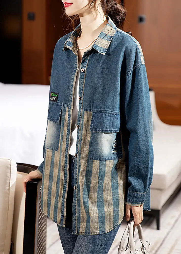 Vintage Plaid Peter Pan Collar Button Patchwork Denim Blouse Tops Fall Ada Fashion