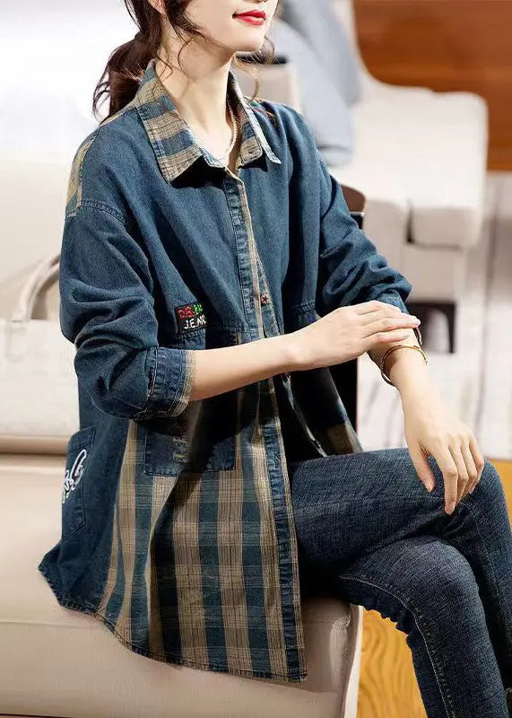 Vintage Plaid Peter Pan Collar Button Patchwork Denim Blouse Tops Fall Ada Fashion