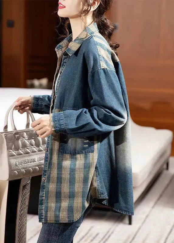 Vintage Plaid Peter Pan Collar Button Patchwork Denim Blouse Tops Fall Ada Fashion