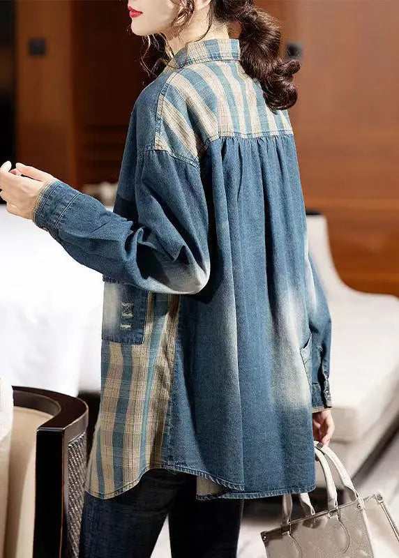 Vintage Plaid Peter Pan Collar Button Patchwork Denim Blouse Tops Fall Ada Fashion