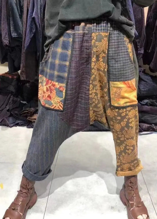 Vintage Plaid Pockets Elastic Waist Patchwork Cotton Harem Pants Fall Ada Fashion