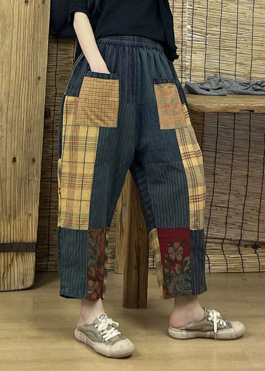 Vintage Print Patchwork Plaid Old Beam Pants Summer LY4579 - fabuloryshop
