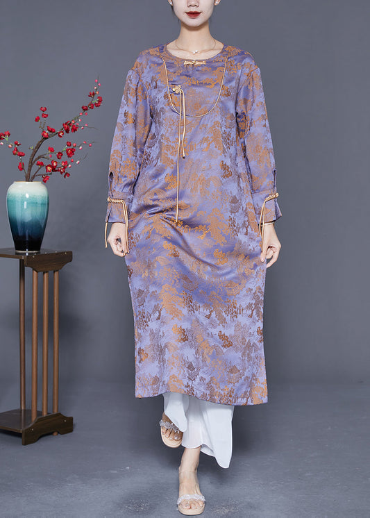 Vintage Purple Chinese Button Tassel Jacquard Silk Long Dresses Spring LY5379 - fabuloryshop