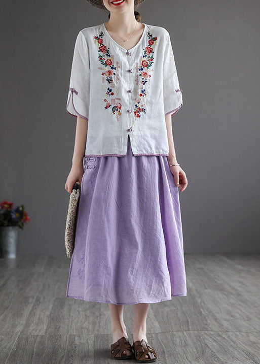 Vintage Purple Elastic Waist Embroideried Linen Skirt Spring TG1050 - fabuloryshop