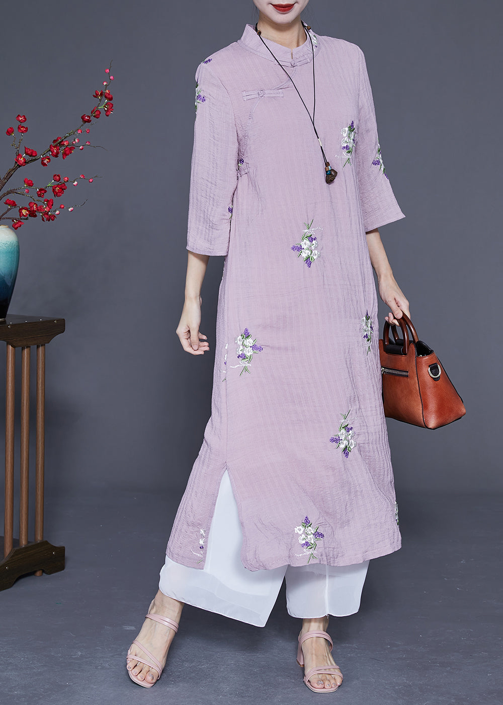 Vintage Purple Embroideried Chinese Button Linen Long Dresses Bracelet Sleeve LY1845 - fabuloryshop