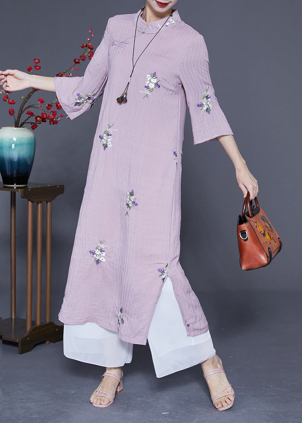 Vintage Purple Embroideried Chinese Button Linen Long Dresses Bracelet Sleeve LY1845 - fabuloryshop
