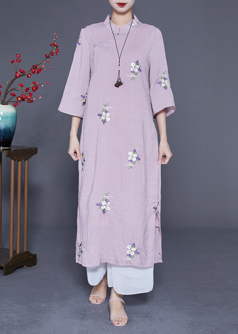 Vintage Purple Embroideried Chinese Button Linen Long Dresses Bracelet Sleeve LY1845 - fabuloryshop