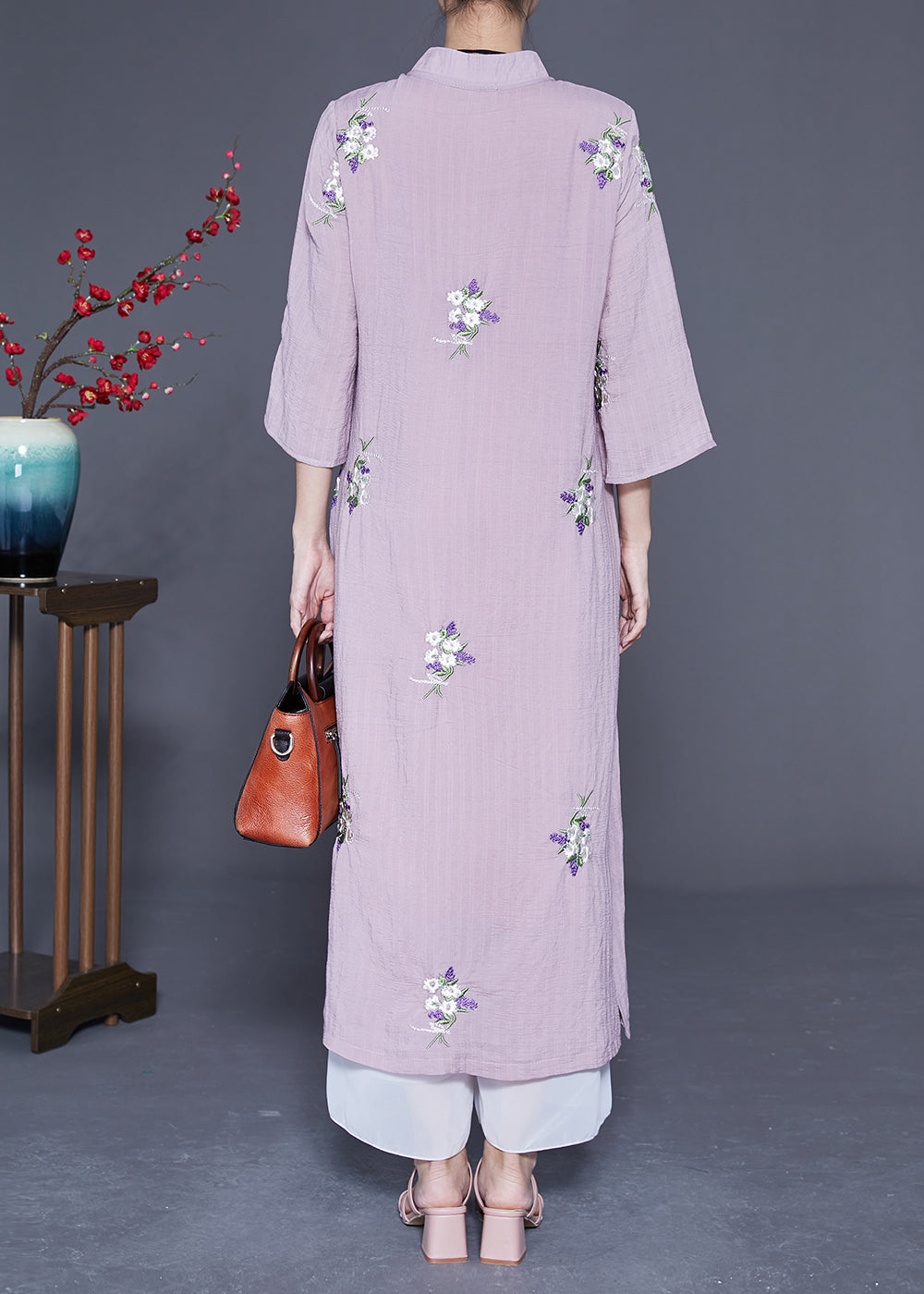 Vintage Purple Embroideried Chinese Button Linen Long Dresses Bracelet Sleeve LY1845 - fabuloryshop