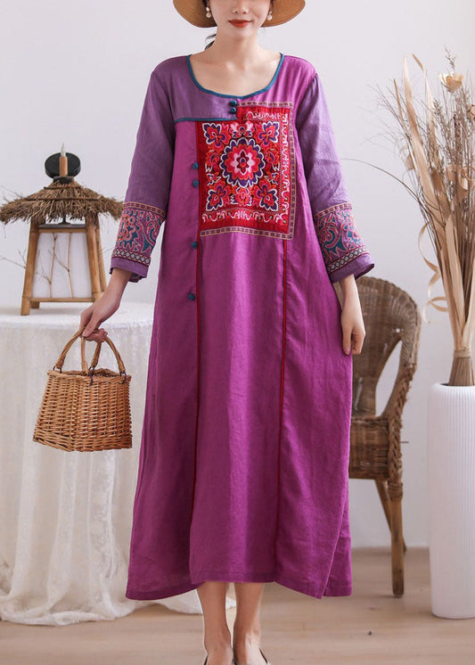 Vintage Purple Embroideried Chinese Button Patchwork Linen Long Dresses Summer Ada Fashion