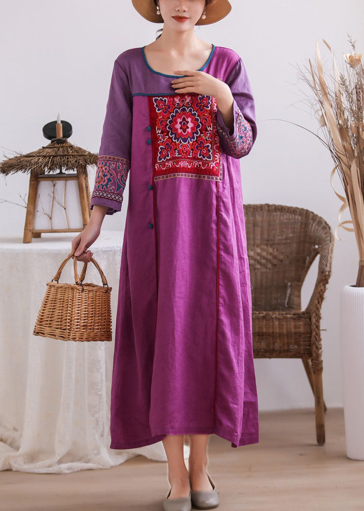 Vintage Purple Embroideried Chinese Button Patchwork Linen Long Dresses Summer Ada Fashion