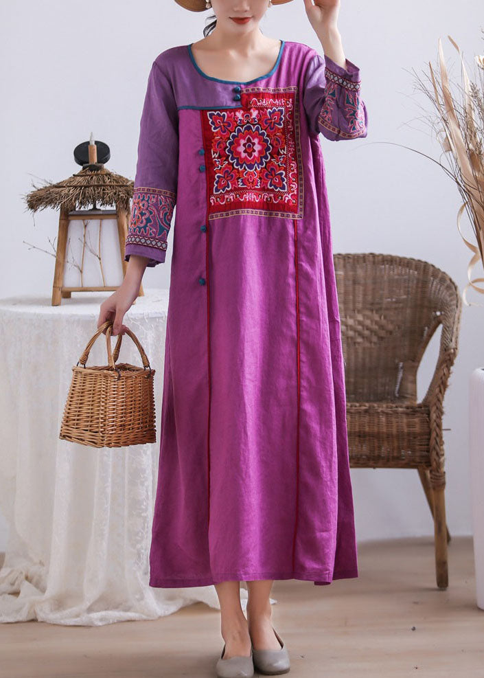 Vintage Purple Embroideried Chinese Button Patchwork Linen Long Dresses Summer Ada Fashion