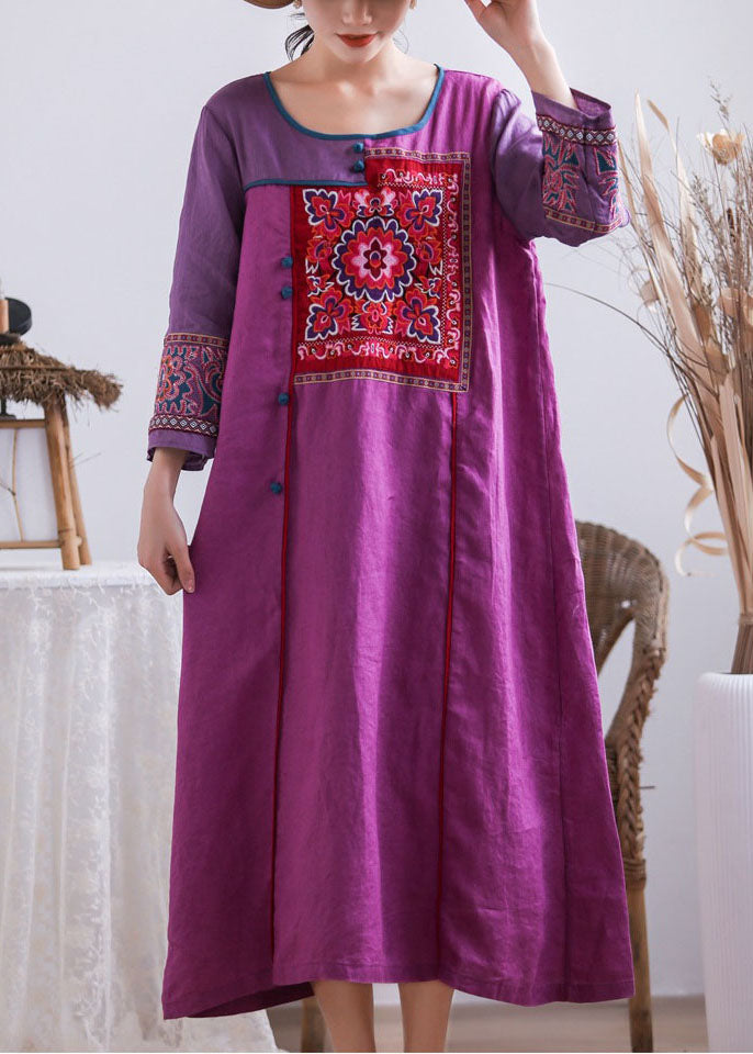 Vintage Purple Embroideried Chinese Button Patchwork Linen Long Dresses Summer Ada Fashion