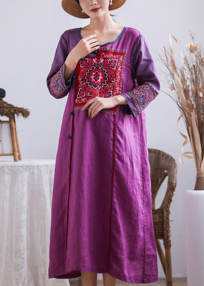 Vintage Purple Embroideried Chinese Button Patchwork Linen Long Dresses Summer Ada Fashion