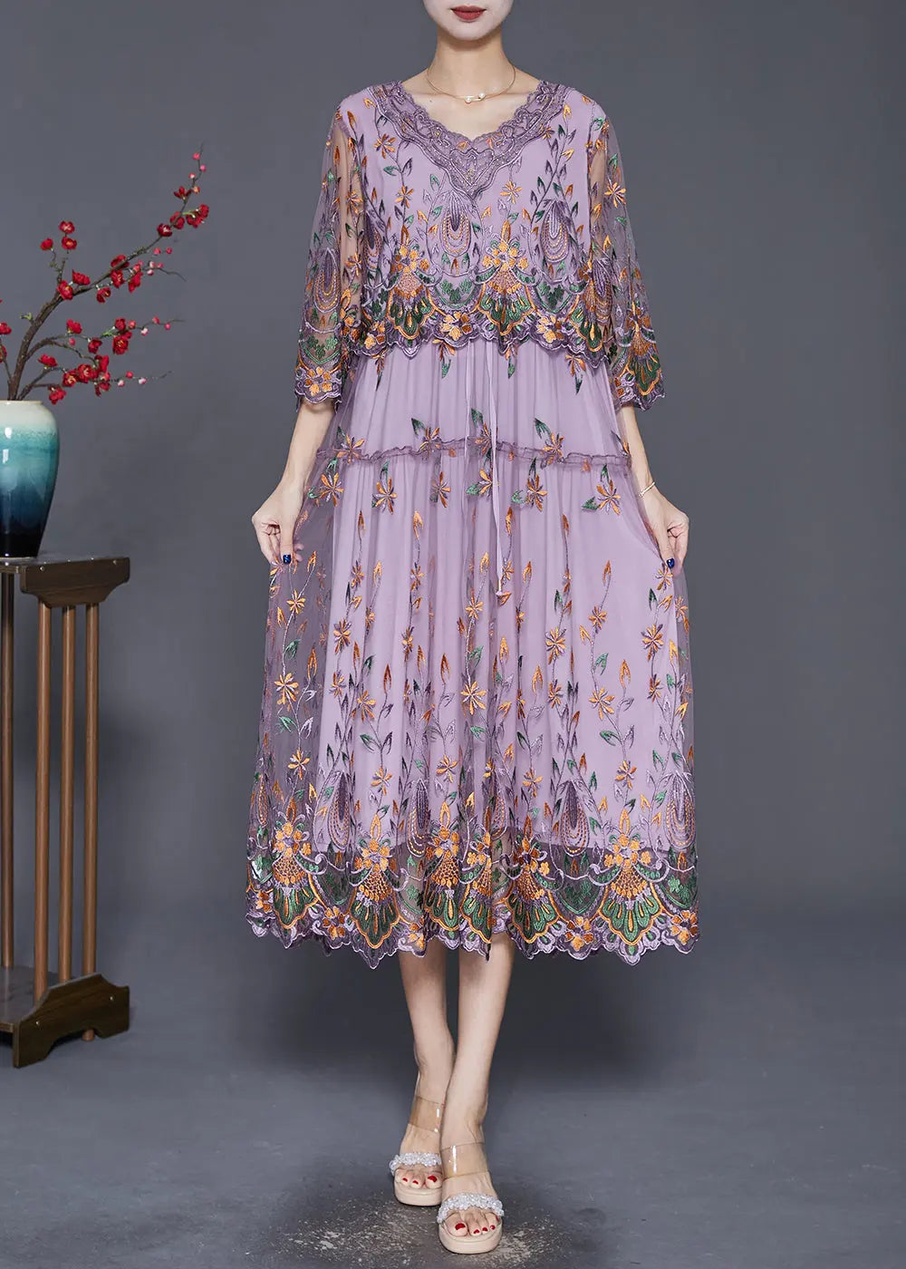 Vintage Purple Embroideried Cinched Tulle Long Dress Bracelet Sleeve Ada Fashion