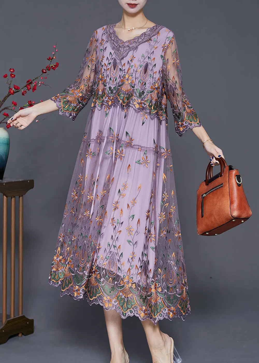 Vintage Purple Embroideried Cinched Tulle Long Dress Bracelet Sleeve Ada Fashion