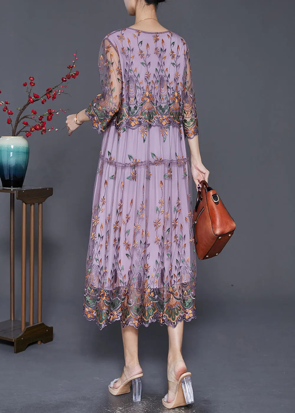 Vintage Purple Embroideried Cinched Tulle Long Dress Bracelet Sleeve Ada Fashion