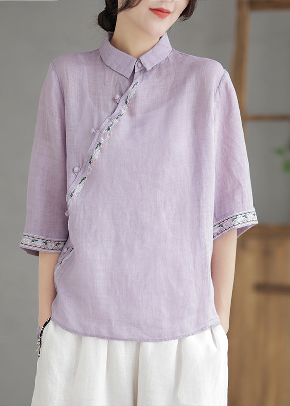 Vintage Purple Embroideried Linen Shirt Half Sleeve Ada Fashion