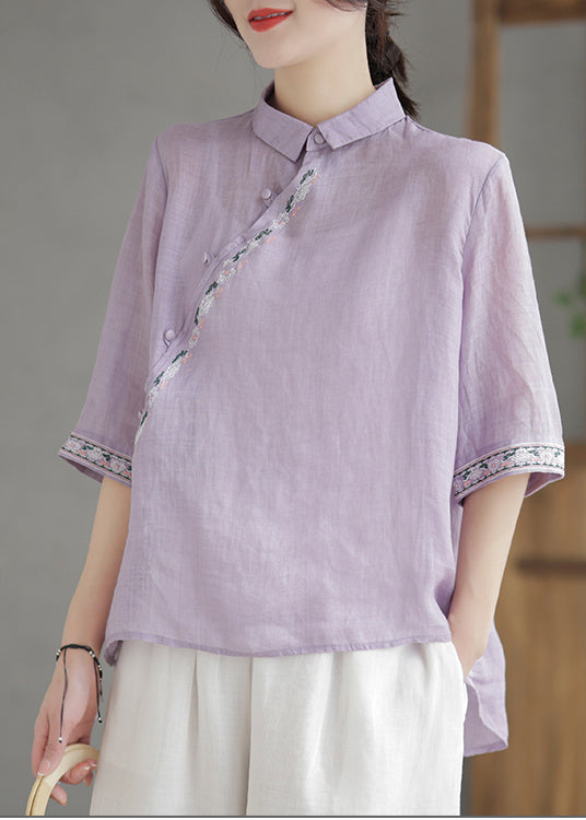 Vintage Purple Embroideried Linen Shirt Half Sleeve Ada Fashion