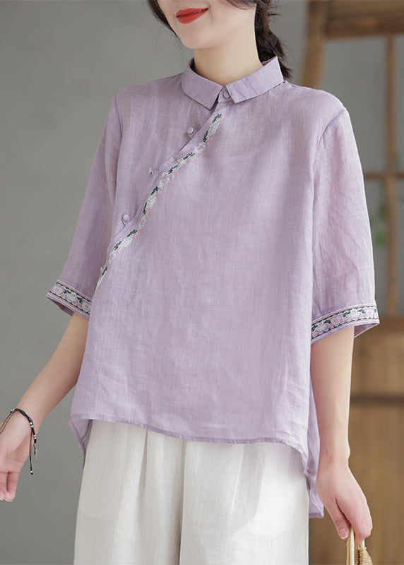 Vintage Purple Embroideried Linen Shirt Half Sleeve Ada Fashion