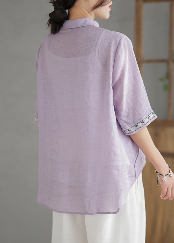 Vintage Purple Embroideried Linen Shirt Half Sleeve Ada Fashion