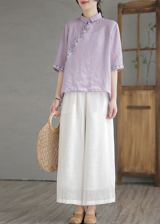 Vintage Purple Embroideried Linen Shirt Half Sleeve Ada Fashion