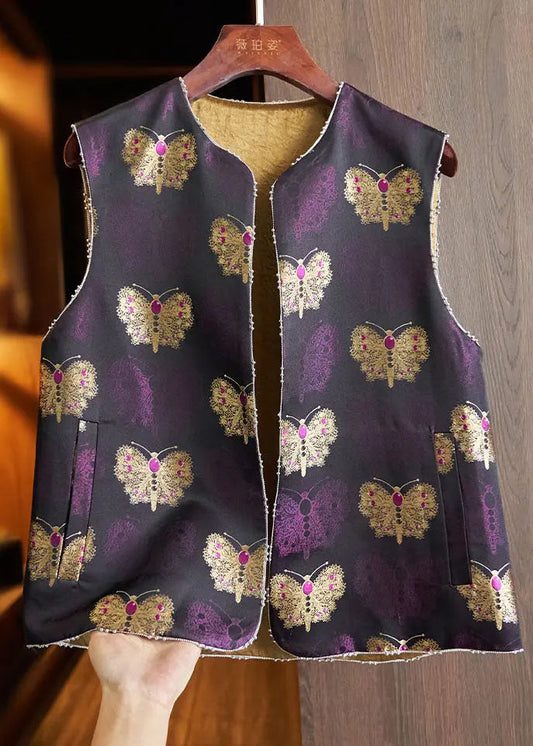 Vintage Purple Embroideried Nail Bead Silk Waistcoat Fall Ada Fashion