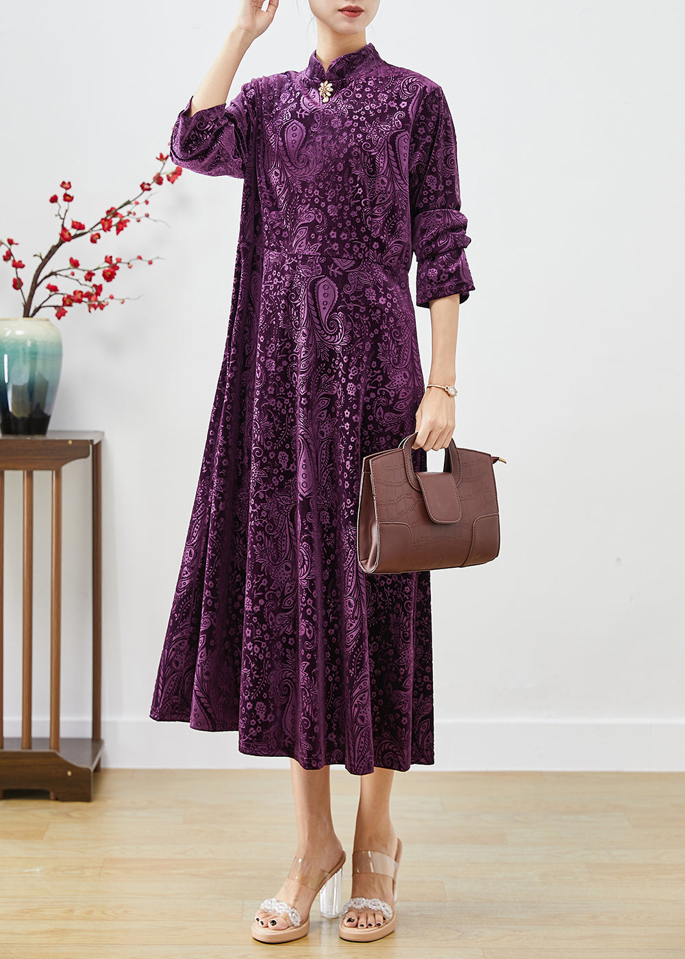 Vintage Purple Mandarin Collar Print Silk Velour Dresses Fall Ada Fashion