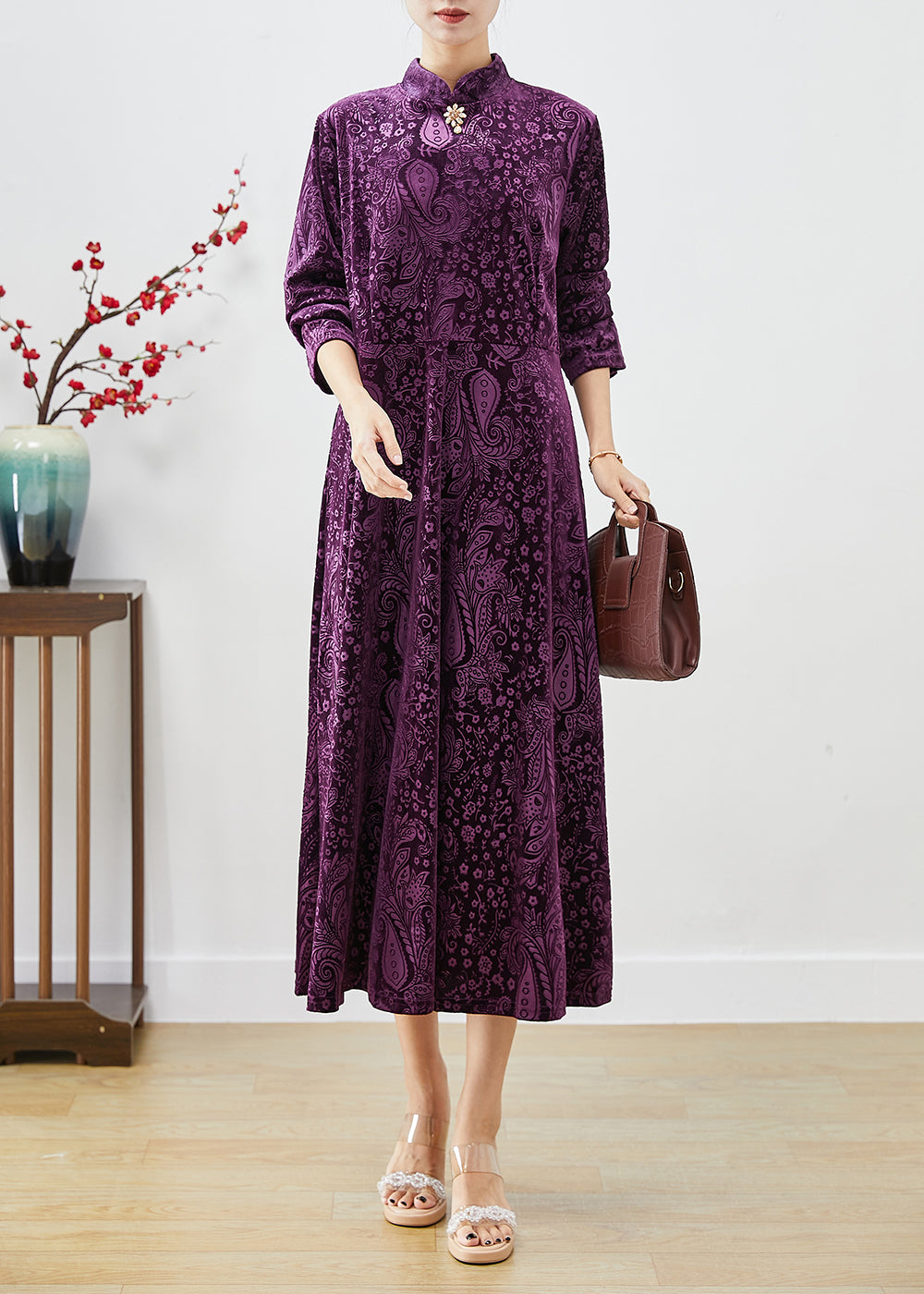 Vintage Purple Mandarin Collar Print Silk Velour Dresses Fall Ada Fashion
