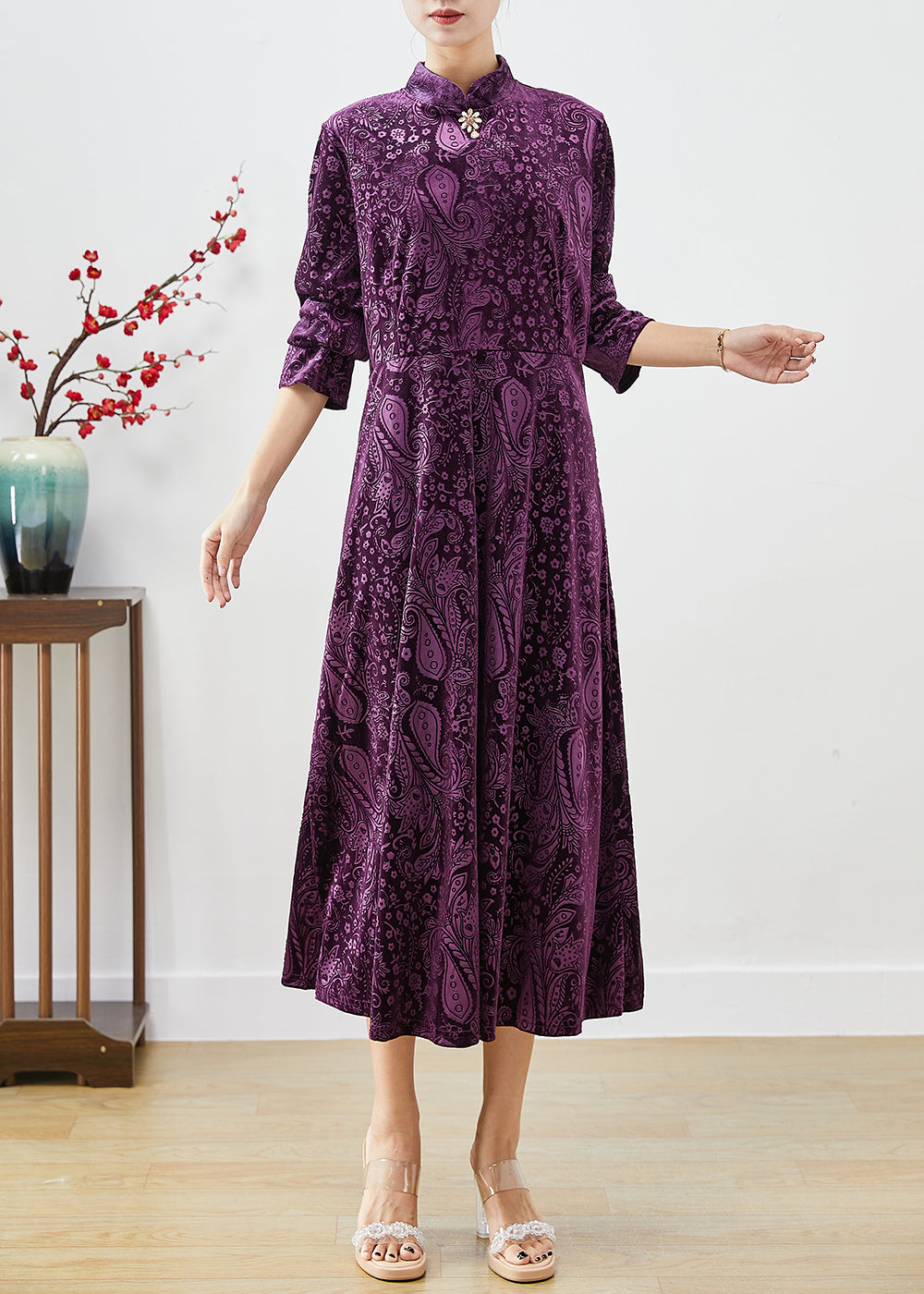 Vintage Purple Mandarin Collar Print Silk Velour Dresses Fall Ada Fashion