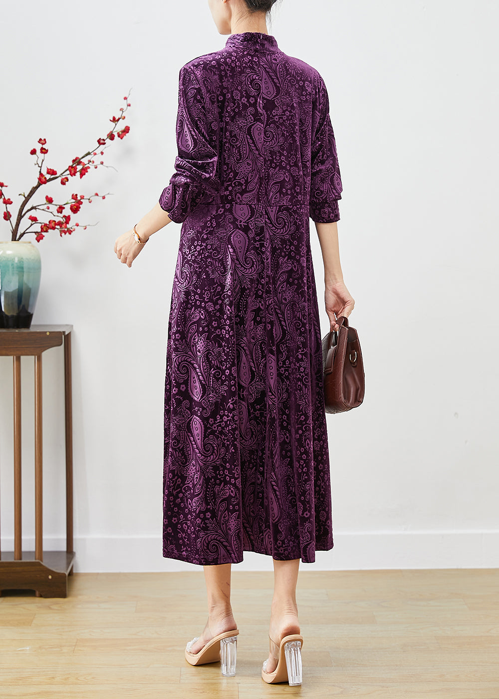 Vintage Purple Mandarin Collar Print Silk Velour Dresses Fall Ada Fashion