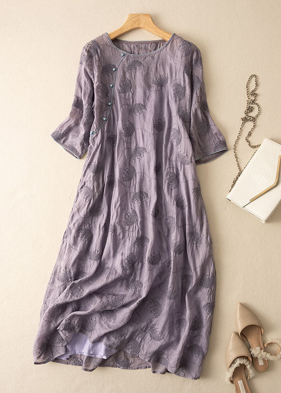 Vintage Purple O-Neck Embroideried Patchwork Linen Dress Summer Ada Fashion